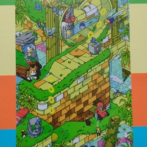 May include: A colorful illustration of a video game level with a green, yellow, and brown color scheme. The level features a brick wall, a winding path, and a variety of characters, including Sonic the Hedgehog, Tails, and Knuckles. The image is reminiscent of the classic Sonic the Hedgehog video games.