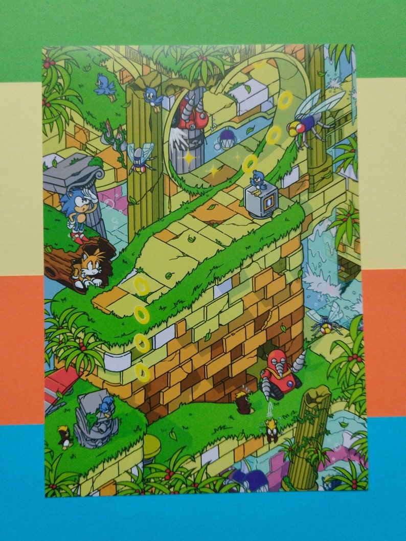 May include: A colorful illustration of a video game level with a green, yellow, and brown color scheme. The level features a brick wall, a winding path, and a variety of characters, including Sonic the Hedgehog, Tails, and Knuckles. The image is reminiscent of the classic Sonic the Hedgehog video games.