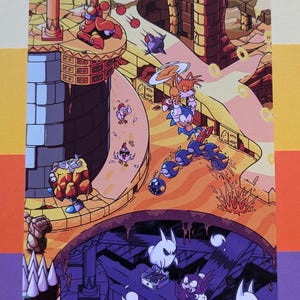 May include: A colorful illustration of a video game scene featuring characters from Sonic the Hedgehog. The scene is set in a desert-like environment with a large, golden tower in the background. Sonic and Tails are running through the level, while a robotic enemy chases them. The scene is filled with vibrant colors and details, making it a fun and engaging piece of art.
