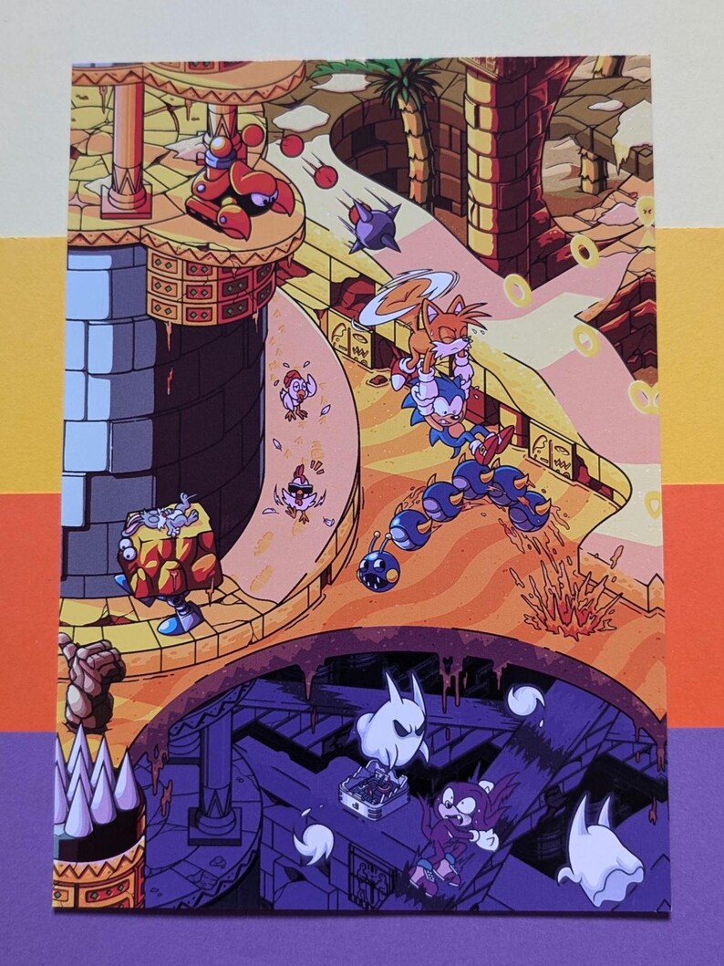 May include: A colorful illustration of a video game scene featuring characters from Sonic the Hedgehog. The scene is set in a desert-like environment with a large, golden tower in the background. Sonic and Tails are running through the level, while a robotic enemy chases them. The scene is filled with vibrant colors and details, making it a fun and engaging piece of art.