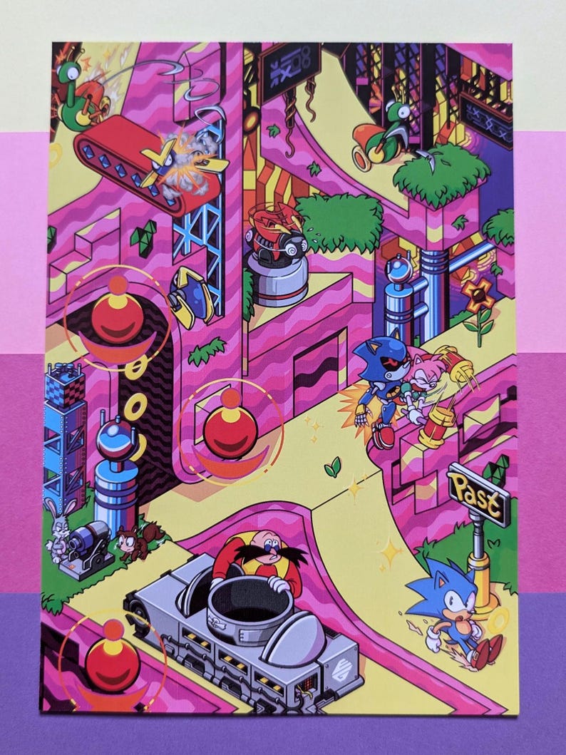 May include: A colorful illustration of Sonic the Hedgehog and friends in a retro video game style. The characters are running through a pink and yellow landscape with a large, gray robot in the foreground. The text "Past" is visible on a signpost.