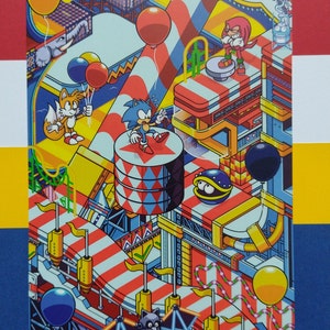 May include: A colorful illustration of Sonic the Hedgehog, Tails, and Knuckles in a retro video game style. The characters are standing on a platform with a red and white striped background. There are balloons and other objects in the background.