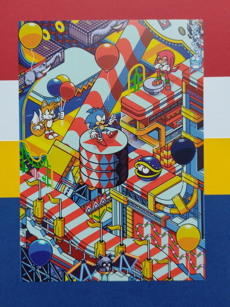 May include: A colorful illustration of Sonic the Hedgehog, Tails, and Knuckles in a retro video game style. The characters are standing on a platform with a red and white striped background. There are balloons and other objects in the background.