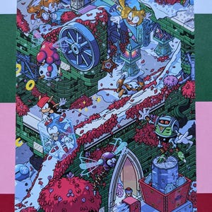 May include: A colorful illustration featuring characters from the Sonic the Hedgehog video game series. The characters are depicted in a variety of poses and expressions, including Sonic, Tails, Knuckles, Amy, and Dr. Eggman. The illustration is set against a backdrop of a cityscape with a variety of buildings and structures.