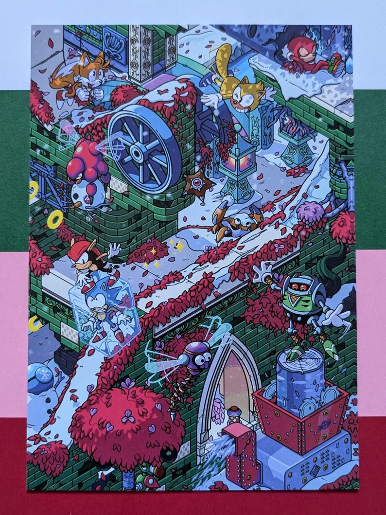 May include: A colorful illustration featuring characters from the Sonic the Hedgehog video game series. The characters are depicted in a variety of poses and expressions, including Sonic, Tails, Knuckles, Amy, and Dr. Eggman. The illustration is set against a backdrop of a cityscape with a variety of buildings and structures.