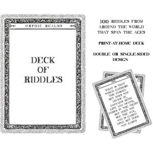 Può includere: Un mazzo di carte in bianco e nero con bordi decorati. Il testo sulle carte recita "Deck of Riddles" e "100 Riddles From Around The World That Span The Ages". Il mazzo è un design da stampare a casa.