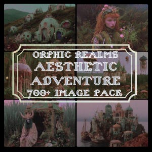 Può includere: Un collage di immagini a tema fantasy. L'immagine centrale presenta il testo "ORPHIC REALMS AESTHETIC ADVENTURE 700+ IMAGE PACK". Le immagini circostanti raffigurano paesaggi stravaganti, architetture e una persona con i capelli rossi.