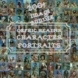 Puede incluir: Un collage de retratos de personajes de la serie "Orphic Realms", con diversas criaturas y seres fantásticos. La imagen incluye el texto "200+ Image Bundle" y "Orphic Realms Character Portraits". Los retratos muestran diversos tonos de piel, disfraces y elementos fantásticos.