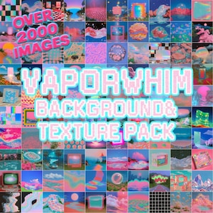 May include: A vibrant collage of over 2000 images, featuring a variety of colorful backgrounds and textures. The text "OVER 2000 IMAGES" is displayed in pink, while "VAPORWHIM BACKGROUND & TEXTURE PACK" is in a pixelated font with a blue outline.