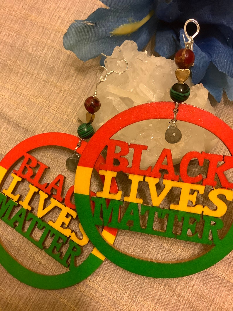 Beautiful tri-colored Black Lives Matter earrings Say it loud and labradorite! hematite with ruby in pyrite malachite