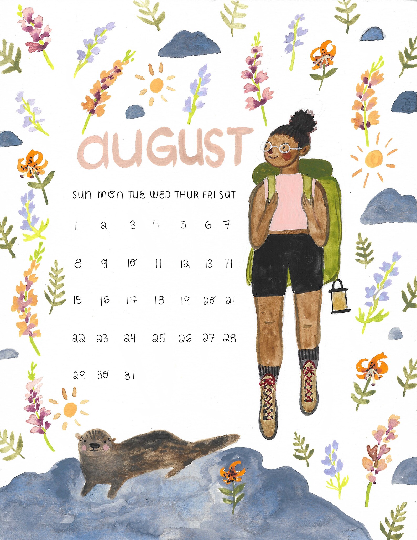 Illustrated 2021 calendar with blue wood frame. Women in Etsy