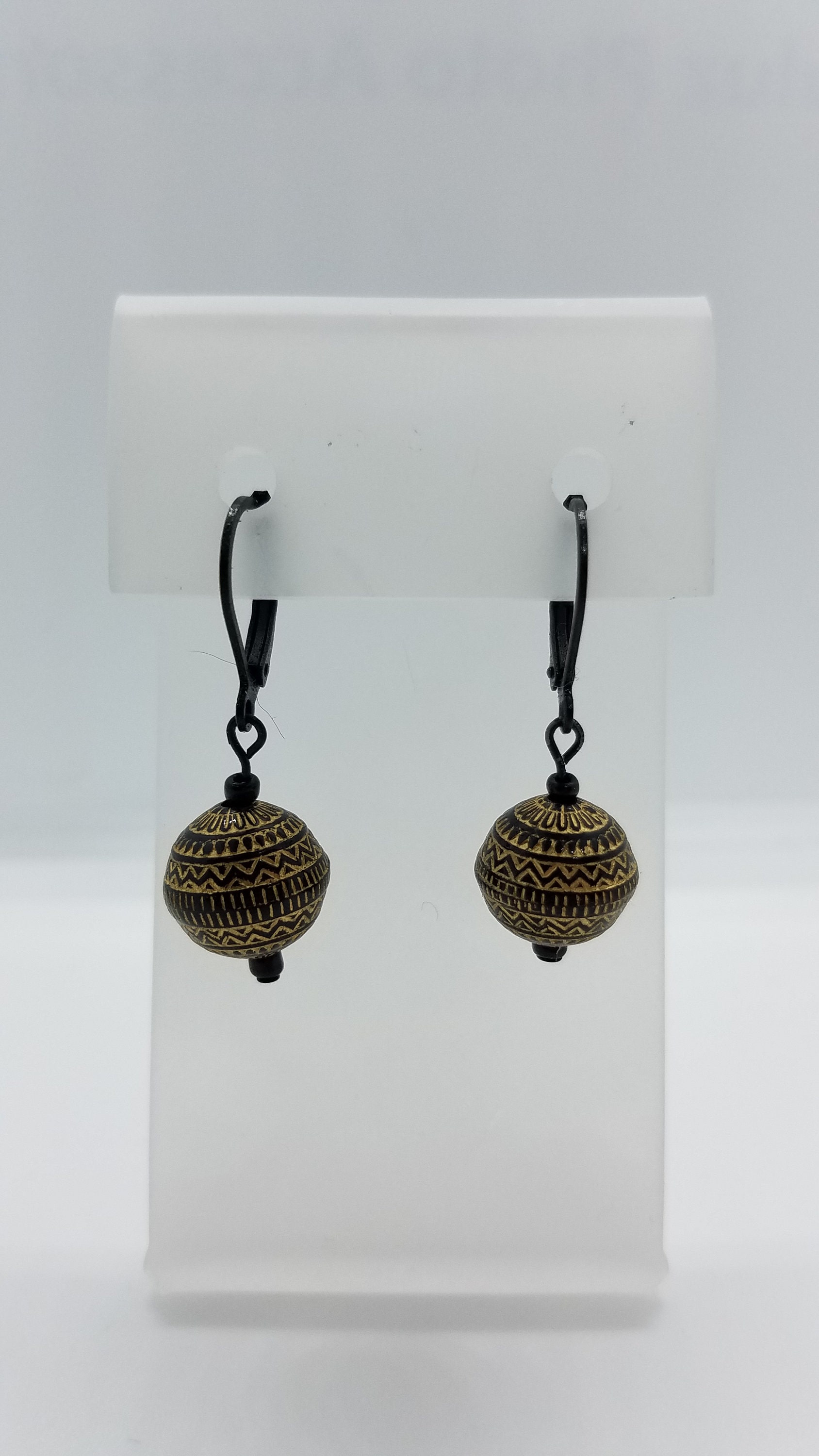 Black and Gold Leverback Earrings Gold Patterned Bead Etsy Australia