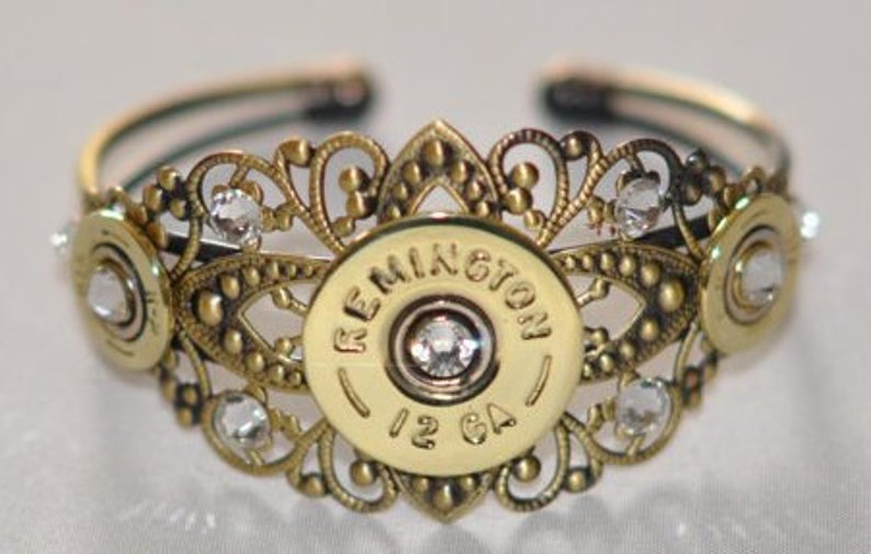 Remington 12 Gauge & 410 Gauge Shotgun Shell Bullet Cuff Bracelet   With  9 Swarovski Crystals Custom Made 