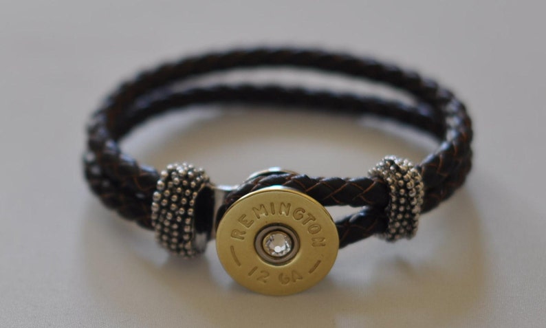 Remington 12 Gauge Shotgun Shell Brown Leather Bracelet Braided  Interchangable Bullet Custom Made in the USA Shotgun Shell Jewelry 