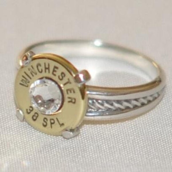 Winchester 38 Special  Pistol  Bullet  Ring Rope Design  Sterling Silver 925   Swarovski Crystal Custom Made in the USA Bullet Jewelry