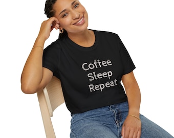 Coffee Sleep Repeat Unisex Softstyle T-Shirt, Funny Graphic Tee, Caffeine Lover Gift, Coffee Lover Shirt, Relaxation Shirt, Sleepwear Shirt