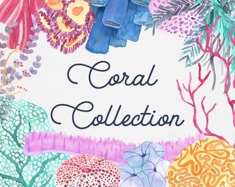 Coral Watercolor Graphics Collection, Clip Art Bundle Instant, Download Digital Graphics, Sea Coral Clip Art, Watercolor Illustrations