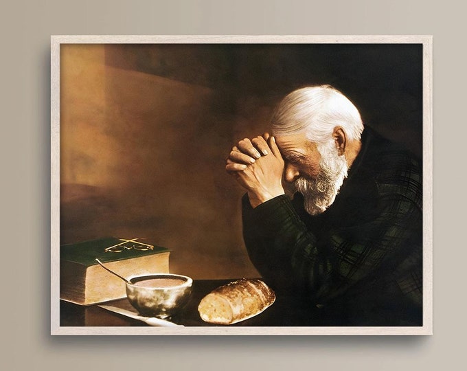 Old Raying Picture Grace Old Man Praying Over Bread AS IS 16 X 20 Vintage Without ...