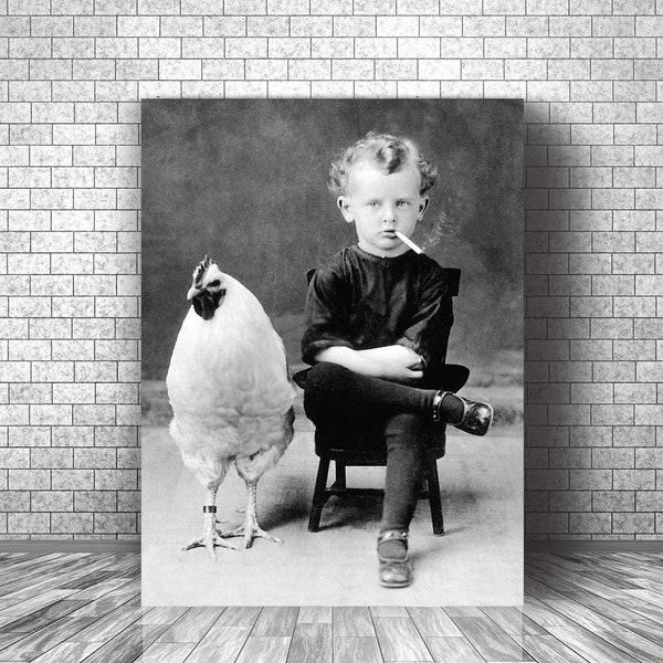 Vintage Poster, Photo of Boy Smoking Sitting Next to a Chicken, Classic Horror, Weird, Behind the Scenes, Creepy, Strange, Historic, Odd