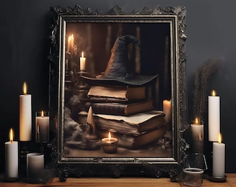 Witches Hat and Spell Books - Printed Poster, Canvas Roll or Wrap, Gothic Art, Vintage, Dark Academia, Haunting, Halloween Decor, Witch Art