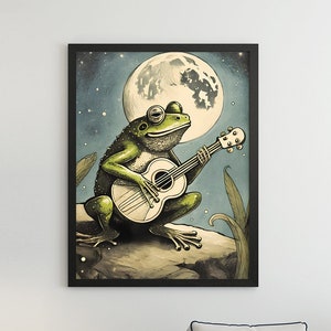 A Toad Playing Guitar in The Moonlight - Printed Poster or Canvas Wrap, Vintage Print, Retro Poster, Animal Art, Frog Playing Guitar, Banjo