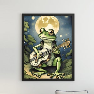 A Frog Playing Guitar in The Moonlight - Printed Poster or Canvas Wrap, Vintage Print, Retro Poster, Animal Art, Toad Playing Guitar, Banjo