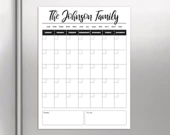 May include: A black and white printable calendar with the text "The Johnson Family" at the top. The calendar includes a grid for each month of the year, with spaces for notes and to-do lists.