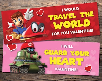 Op Super Mario Odyssey geïnspireerde afdrukbare Valentijnsdagkaarten / vouwkaarten traktatiezakje