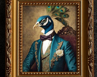 May include: A framed portrait of a peacock wearing a teal blue suit with gold embroidery and a white bow tie. The peacock has a blue head and neck with a green and blue tail.