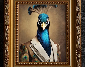 May include: A framed portrait of a peacock wearing a brown suit with a white vest and a blue and green patterned tie. The peacock's head is tilted slightly to the side, and its eyes are looking directly at the viewer.