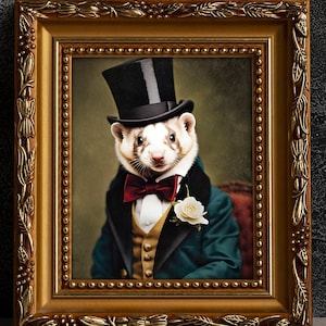 Ferret Victorian Portrait - Vintage Style Animal Art, Old Photograph, Wall Art, Poster or Canvas Wrap, Framed, Anthropomorphic, Mr. Ferret