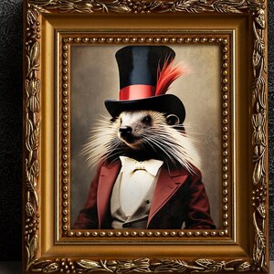 Porcupine Victorian Portrait - Vintage Style Animal Art, Old Photograph, Wall Art, Poster or Canvas Wrap, Framed, Anthropomorphic Art