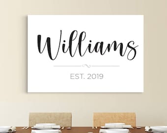 Impresión en lienzo con nombre de familia, apellido, arte de granja, lienzo estirado, personalizado, fecha de creación, decoración del hogar