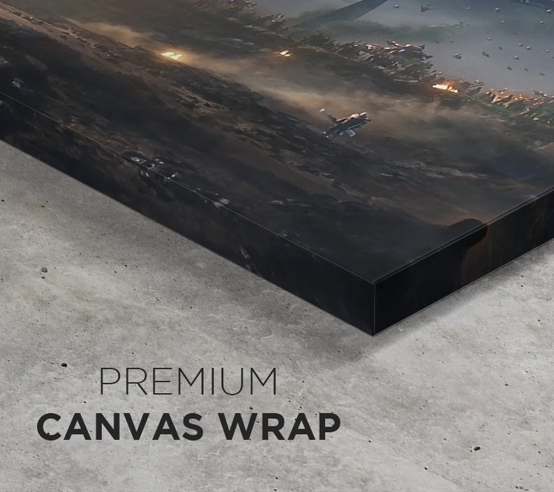 Puede incluir: Una impresi&oacute;n en lienzo oscura, arenosa y detallada de una ciudad futurista con una figura solitaria en primer plano. La ciudad est&aacute; llena de estructuras imponentes y una atm&oacute;sfera densa.