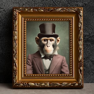 Monkey Victorian Portrait - Vintage Style Animal Art, Old Photograph, Wall Art, Poster or Canvas Wrap, Framed, Anthropomorphic Art