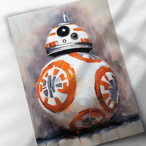 May include: A white and orange robot with a round body and a dome-shaped head. The robot has a black eye and a white and orange design on its body.