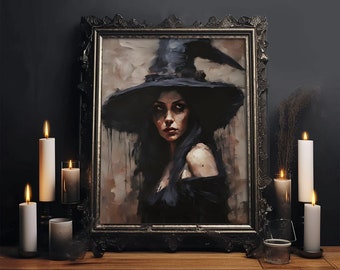 Pintura de brujas - Póster impreso, rollo o envoltura de lienzo, arte gótico, academia oscura, embrujo, decoración de Halloween, pintura al óleo, aterrador, sexy, retrato