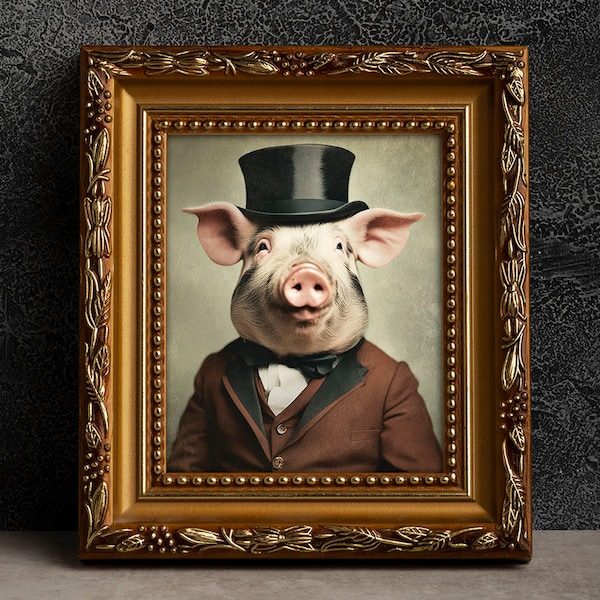 Pig Victorian Portrait - Vintage Style Animal Art, Old Photograph, Wall Art, Poster or Canvas Wrap, Framed, Mr. Pig, Anthropomorphic Art