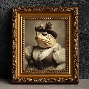 Portrait victorien de crapaud - Femme, art animalier de style vintage, photographie ancienne, art mural, grenouille, crapaud d’affaires, affiche ou enveloppement de toile