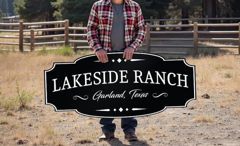 May include: A black and white sign that reads "LAKESIDE RANCH Garland, Texas" is held by a person. The sign has a decorative border. The person is wearing a plaid shirt and jeans. The background is a rural landscape.