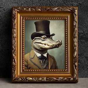 Alligator Victorian Portrait - Vintage Style Animal Art, Old Photograph, Wall Art, Poster or Canvas Wrap, Framed, Gator, Anthropomorphic Art