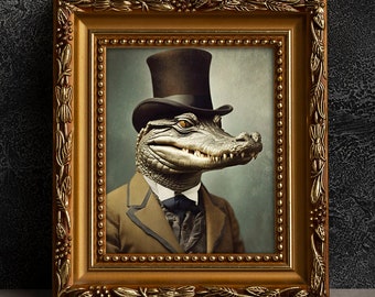 Alligator Victorian Portrait - Vintage Style Animal Art, Old Photograph, Wall Art, Poster or Canvas Wrap, Framed, Gator, Anthropomorphic Art