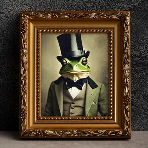 Portrait victorien de grenouille - art animalier de style vintage, photographie ancienne, art mural, crapaud, grenouille Le Business, affiche ou enveloppement de toile, encadré, grincheux