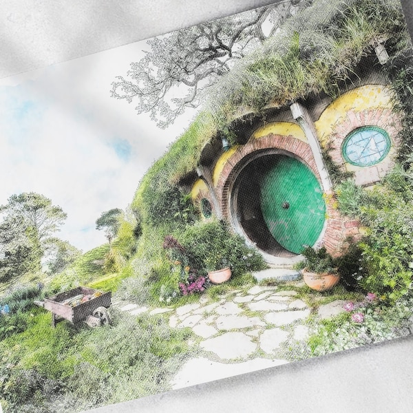 Bag End, The Hobbit, Bildo Baggins Home Artist Drawn Illustration Watercolor / Cross Hatch - Printed Canvas or Poster Print, Wall Art, Frodo