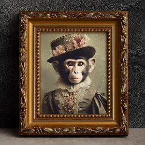 Monkey Victorian Portrait - Vintage Style Animal Art, Old Photograph, Wall Art, Poster or Canvas Wrap, Female, Framed, Anthropomorphic Art