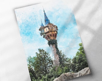 Rapunzel's Tower, Artist Drawn Illustration Watercolor / Cross Hatch - Printed Canvas or Poster Print, Walt Disney World Castle Art Print