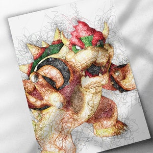 Bowser Scribble Art Poster, Canvas Wrap, or Framed Canvas Print - Kids Decor, Man Cave Gift, Nintendo, Video Game, Kids Room, Super Mario