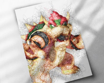 Bowser Scribble Art Poster, Canvas Wrap, or Framed Canvas Print - Kids Decor, Man Cave Gift, Nintendo, Video Game, Kids Room, Super Mario