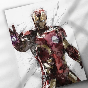 Op de afbeelding: Een digitale schildering van Iron Man, een superheld uit Marvel Comics. De afbeelding is in aquarelstijl met verfspatten rond de figuur. Iron Man draagt zijn rode en gouden harnas en heeft een vastberaden uitdrukking op zijn gezicht.