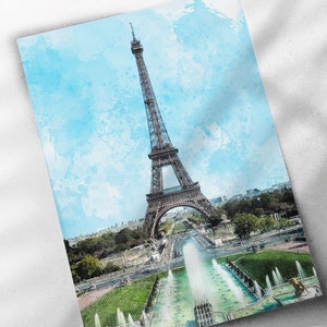 Paris Eiffel Tower, Artist Drawn Illustration Watercolor / Cross Hatch - Printed Canvas or Poster Print, Paris, France, Eiffel Tower Print